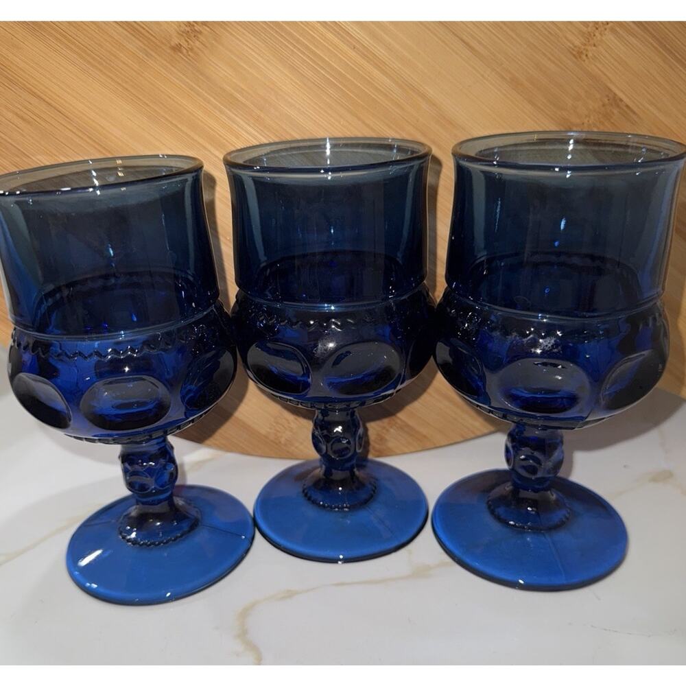 Vintage TIARA Glass Crown Imperial Blue 5 1/3" Wine Water Goblet Set Of 3